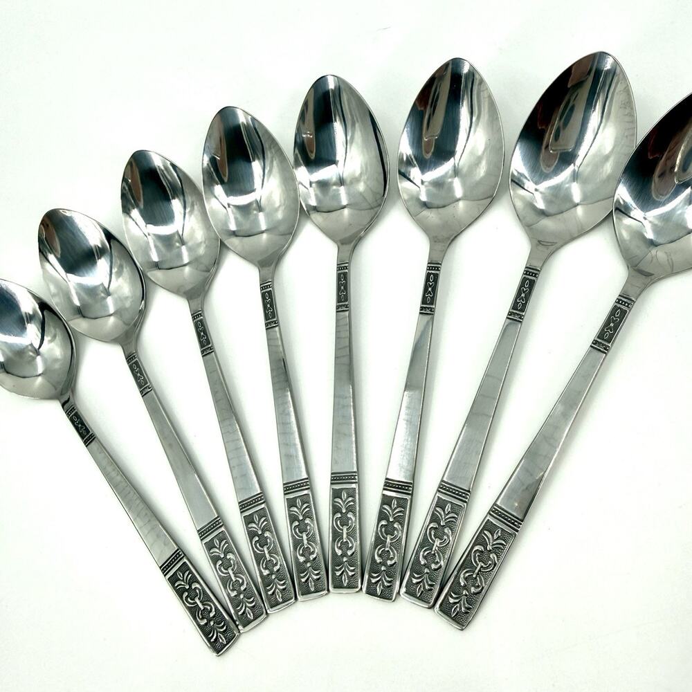 Customcraft Set~8 Stainless Teaspoons CUS3 Taiwan Flatware Silver/Black Accent